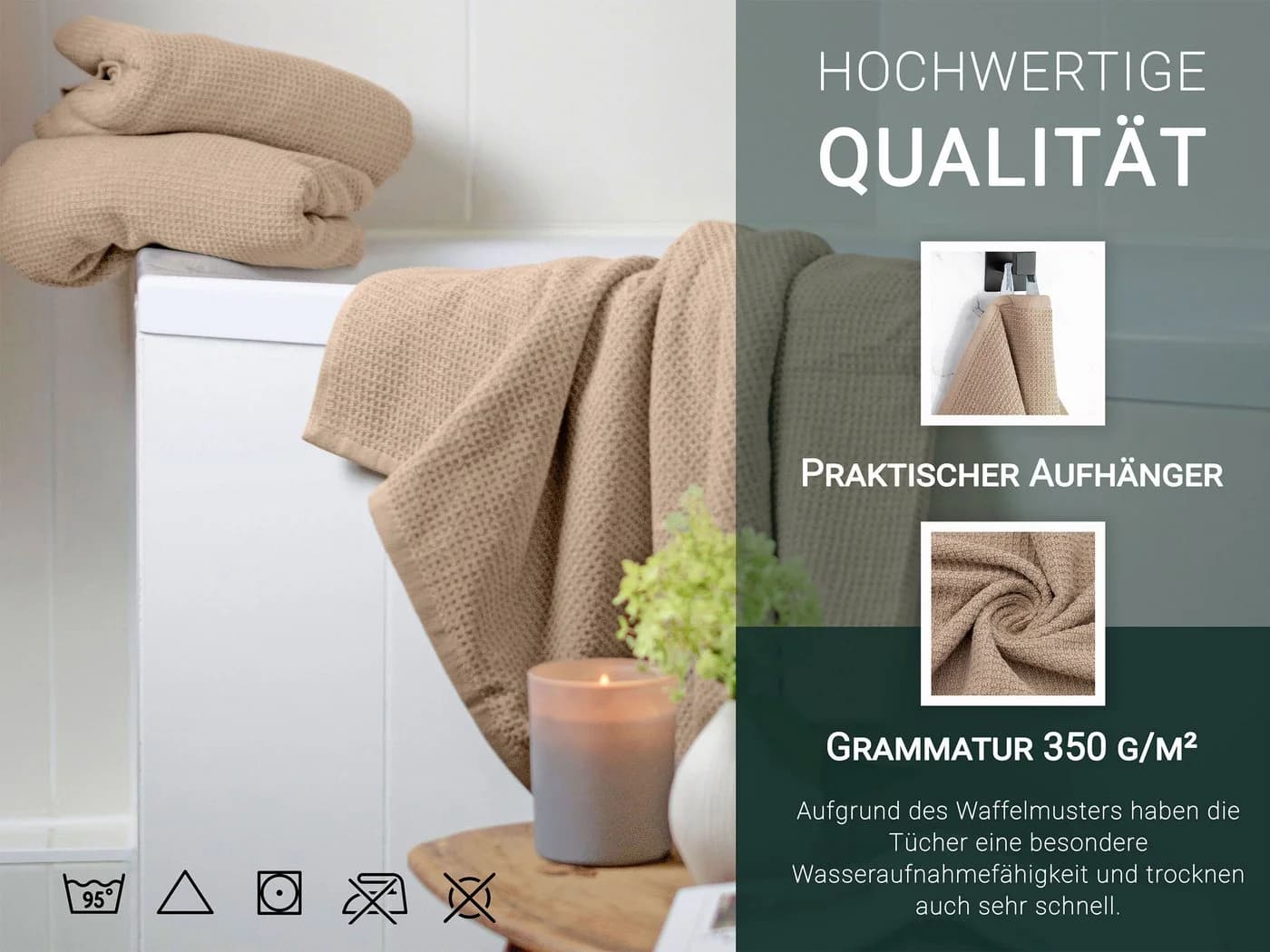ZOLLNER Duschtücher Waffelpique Braun 3-Stück 100% Baumwolle