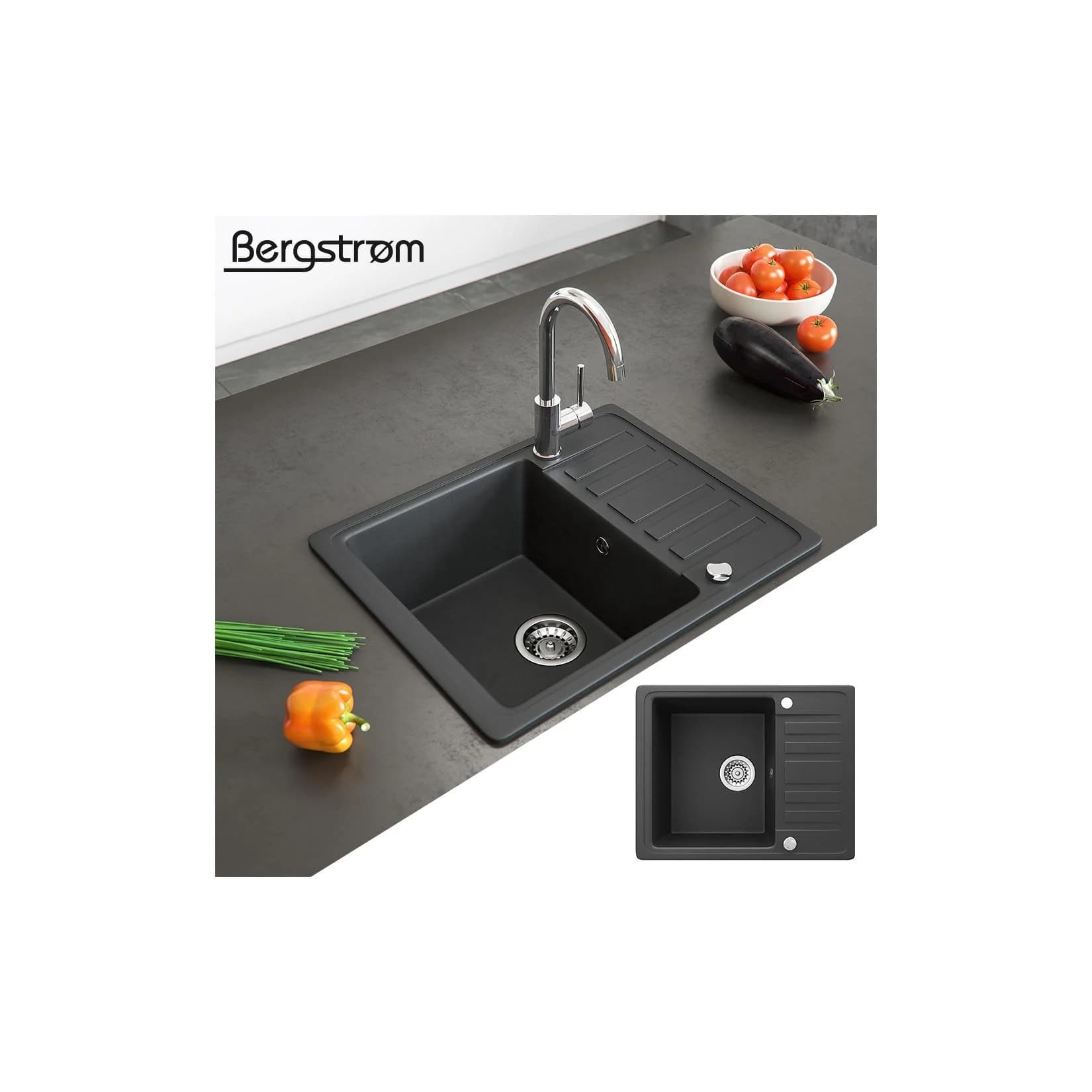 Bergstroem Granitspüle Schwarz mit Trockenplatz