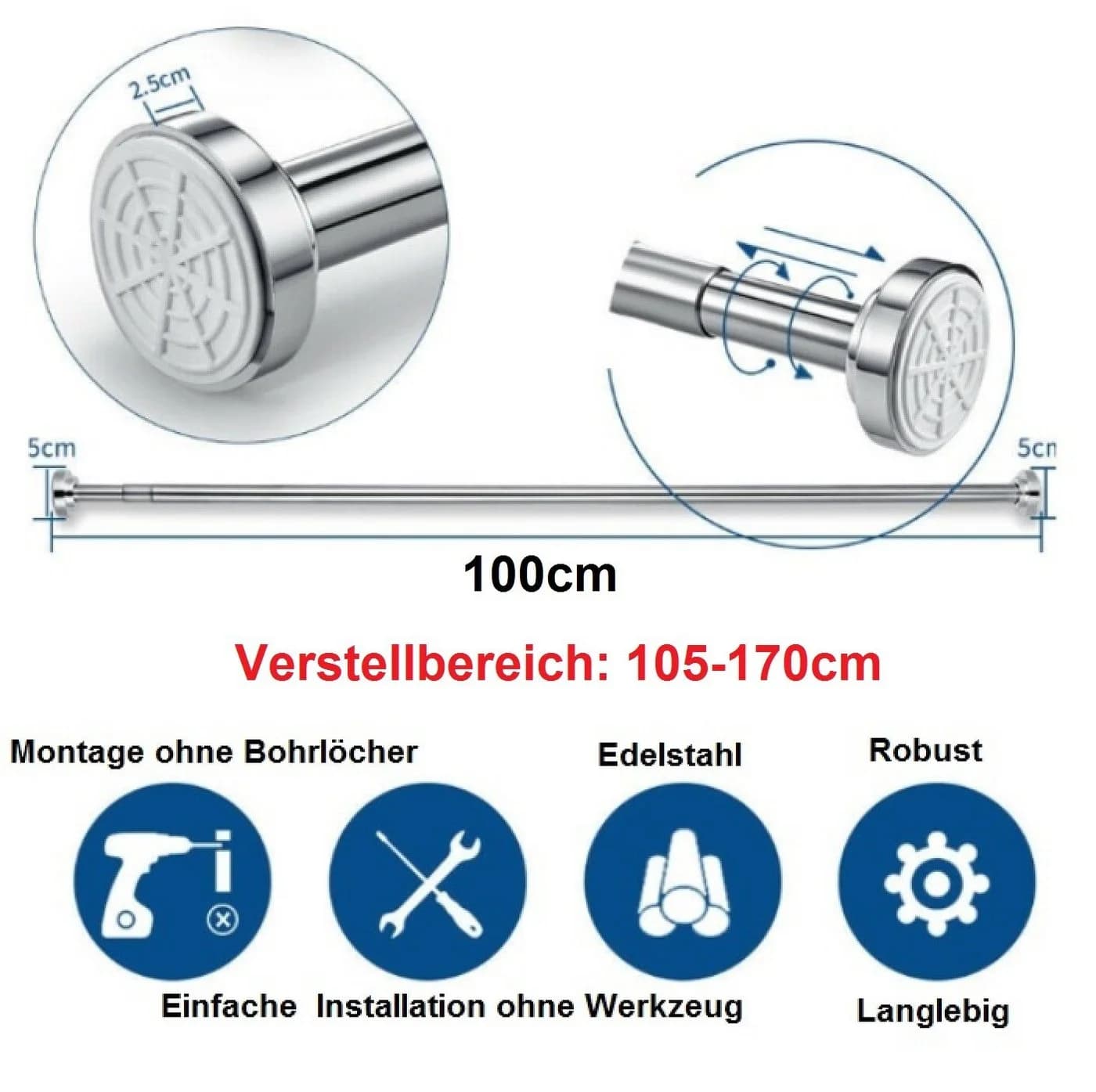 BAYLI Duschvorhangstange Edelstahl Verstellbar Ohne Bohren