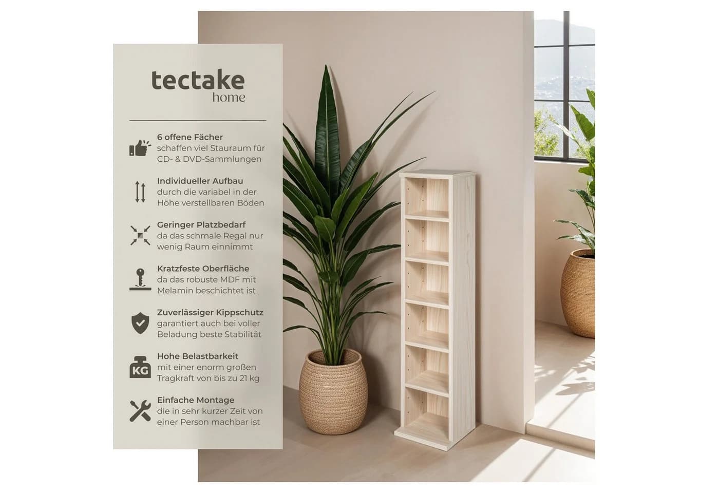 tectake CD-Regal Standregal in Holzoptik mit höhenverstellbaren Fächern
