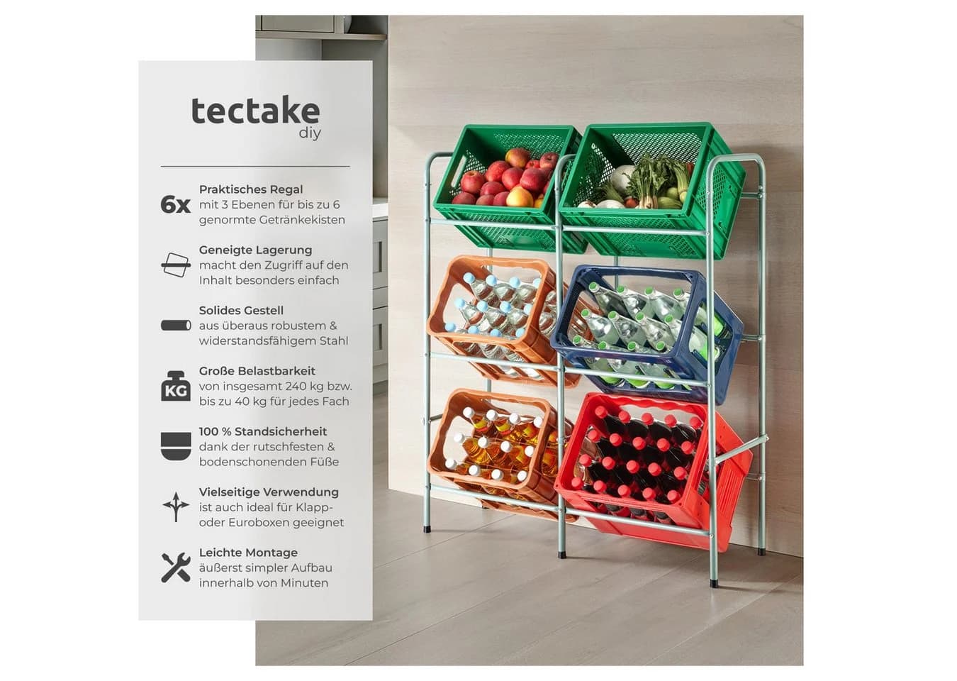 tectake Küchenregal Getränkekistenregal Grau Stahl