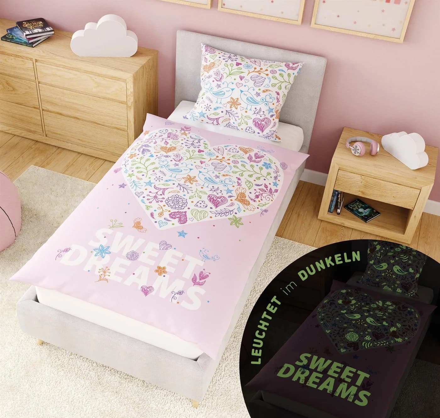 Carpe Sonno Kinderbettwäsche Rosa Glow in the Dark 135x200