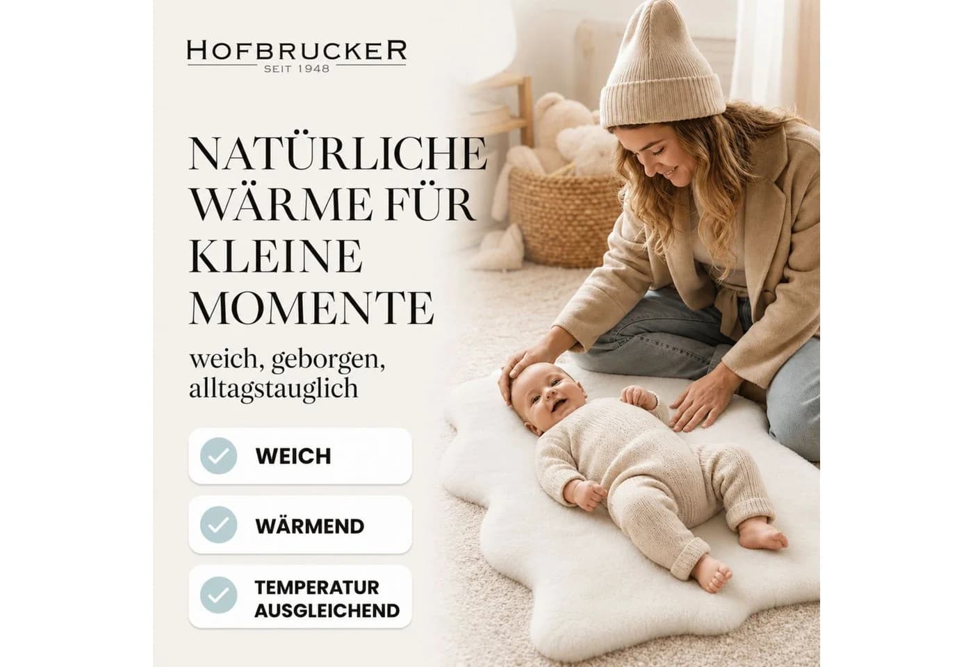 Hofbrucker Babylammfell Exclusiv Weiß 100% Lammfell Krabbelmatte