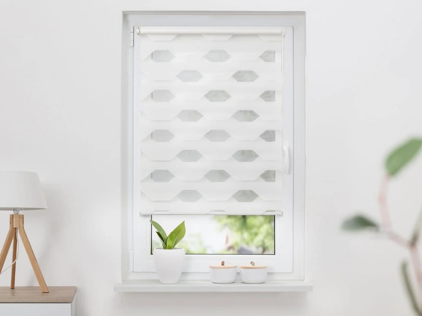 K-HOME Doppelrollo Trapez Weiß Klemmfix Polyester