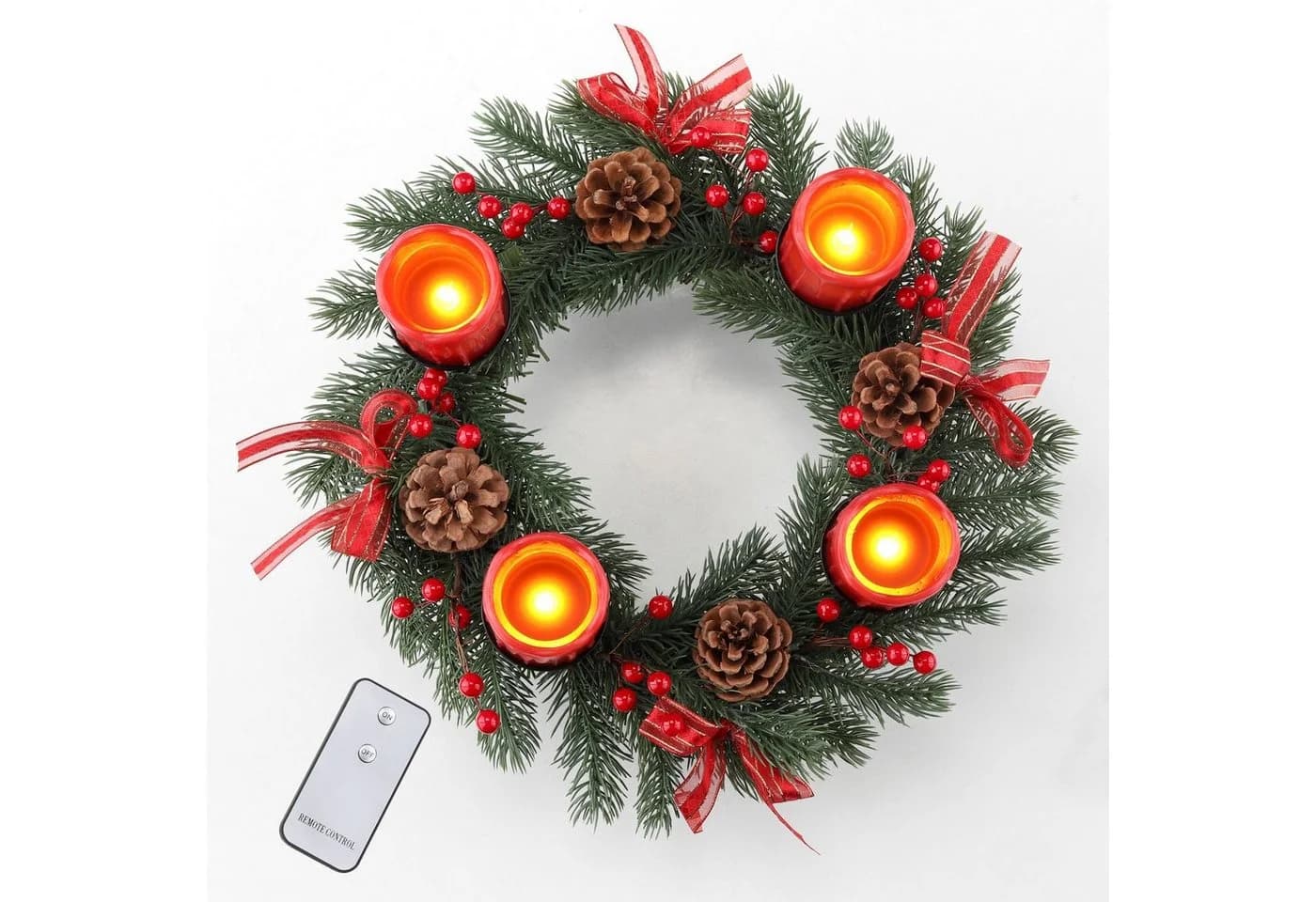 SPETEBO Adventskranz mit 4 LED Kerzen & Fernbedienung Grün/Rot