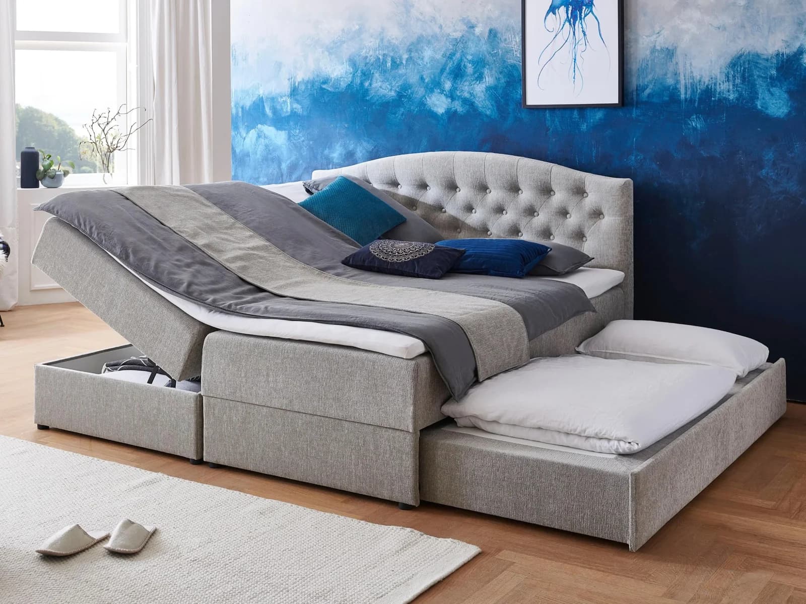 ATLANTIC HOME COLLECTION Boxspringbett Lotte Grau mit Topper und Bettkasten
