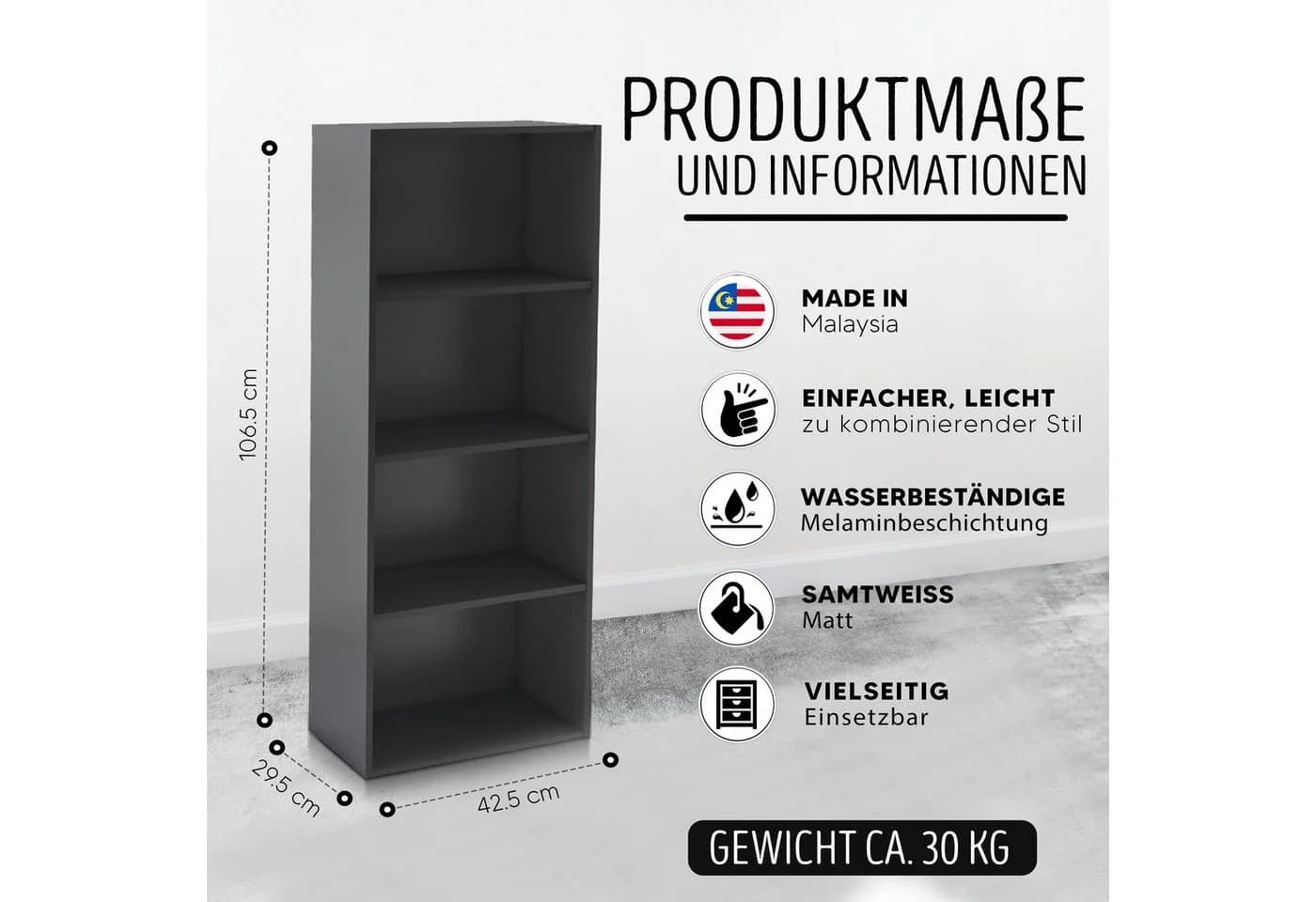 habeig Bücherregal Tube Schwarz 4 Fächer Standregal