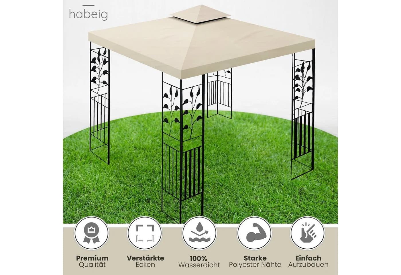 habeig Pavillon Toskana 3x3m 100% Wasserdicht Beige Metall