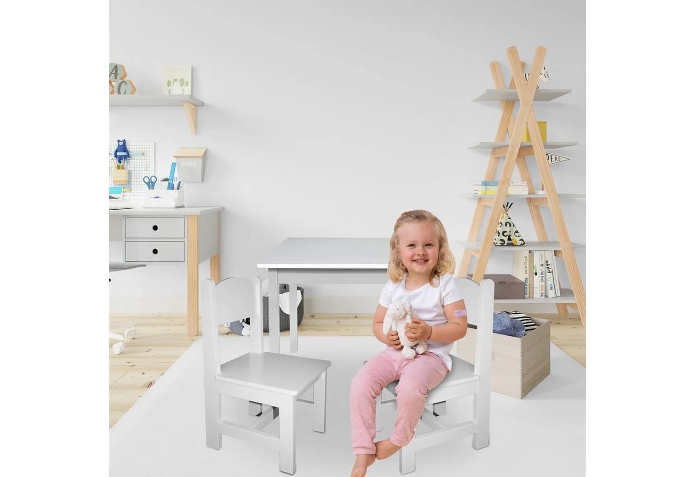 habeig Kindersitzgruppe Tisch & 2 Stühle Weiß Modern