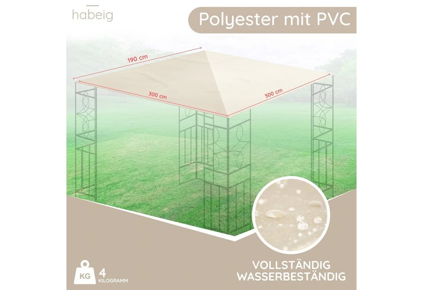 habeig Pavillon-Ersatzdach Beige PVC-Beschichtung 3x3m