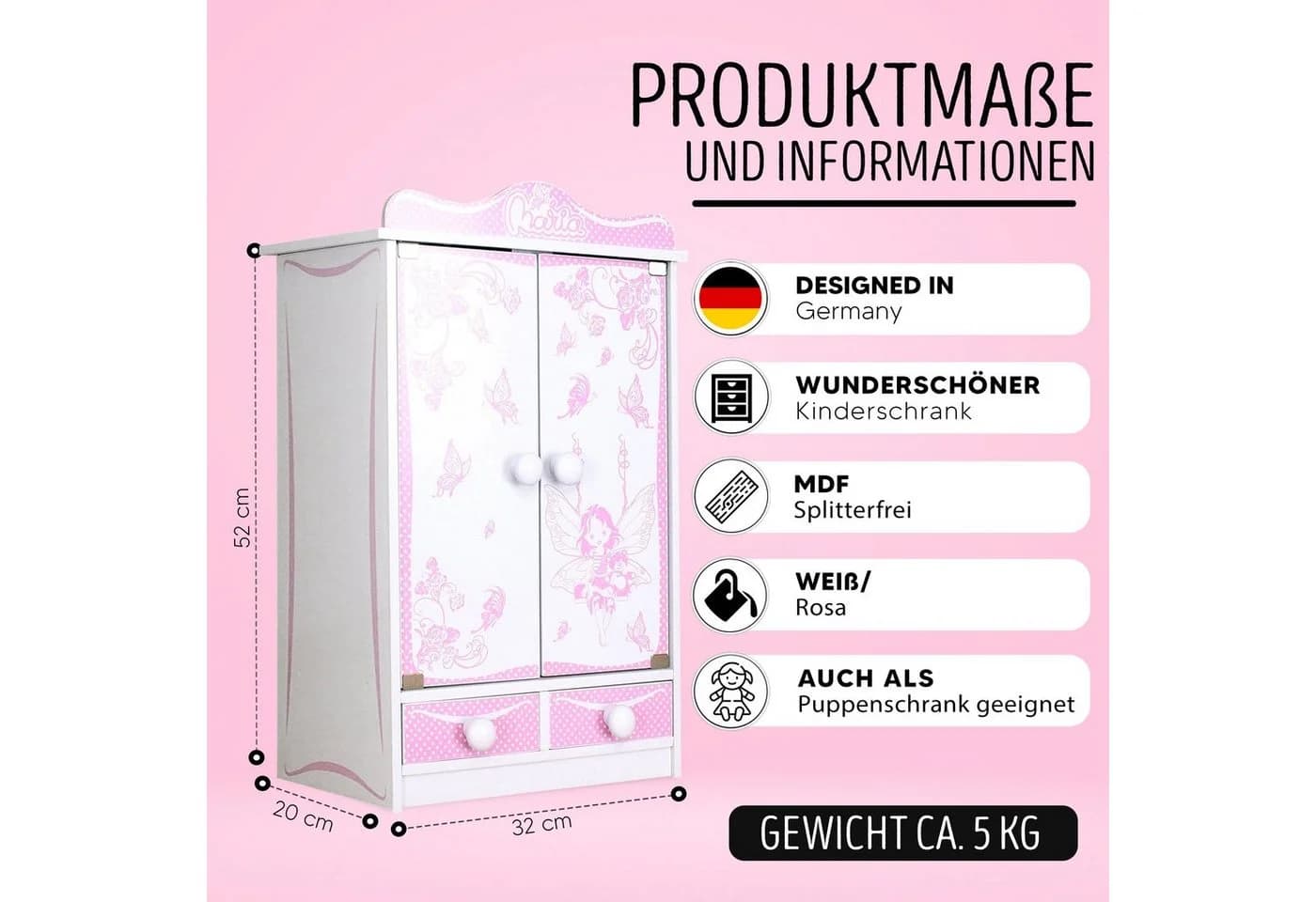 habeig Puppenkleiderschrank mit Schubladen und Kleiderstange