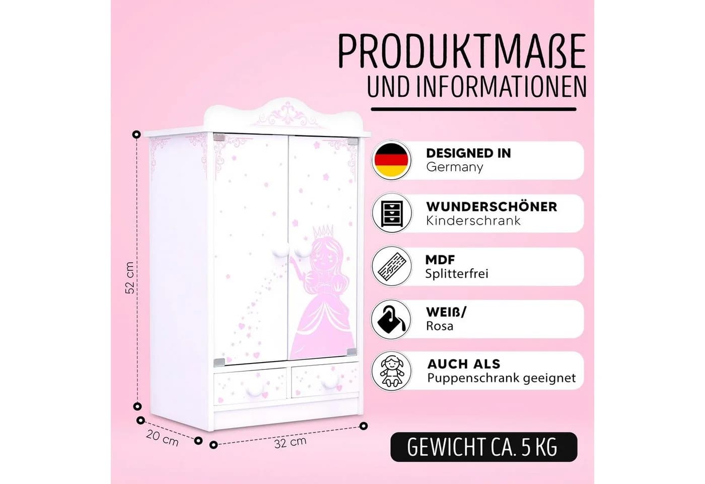habeig Puppenkleiderschrank Weiß mit Schubladen und Kleiderstange