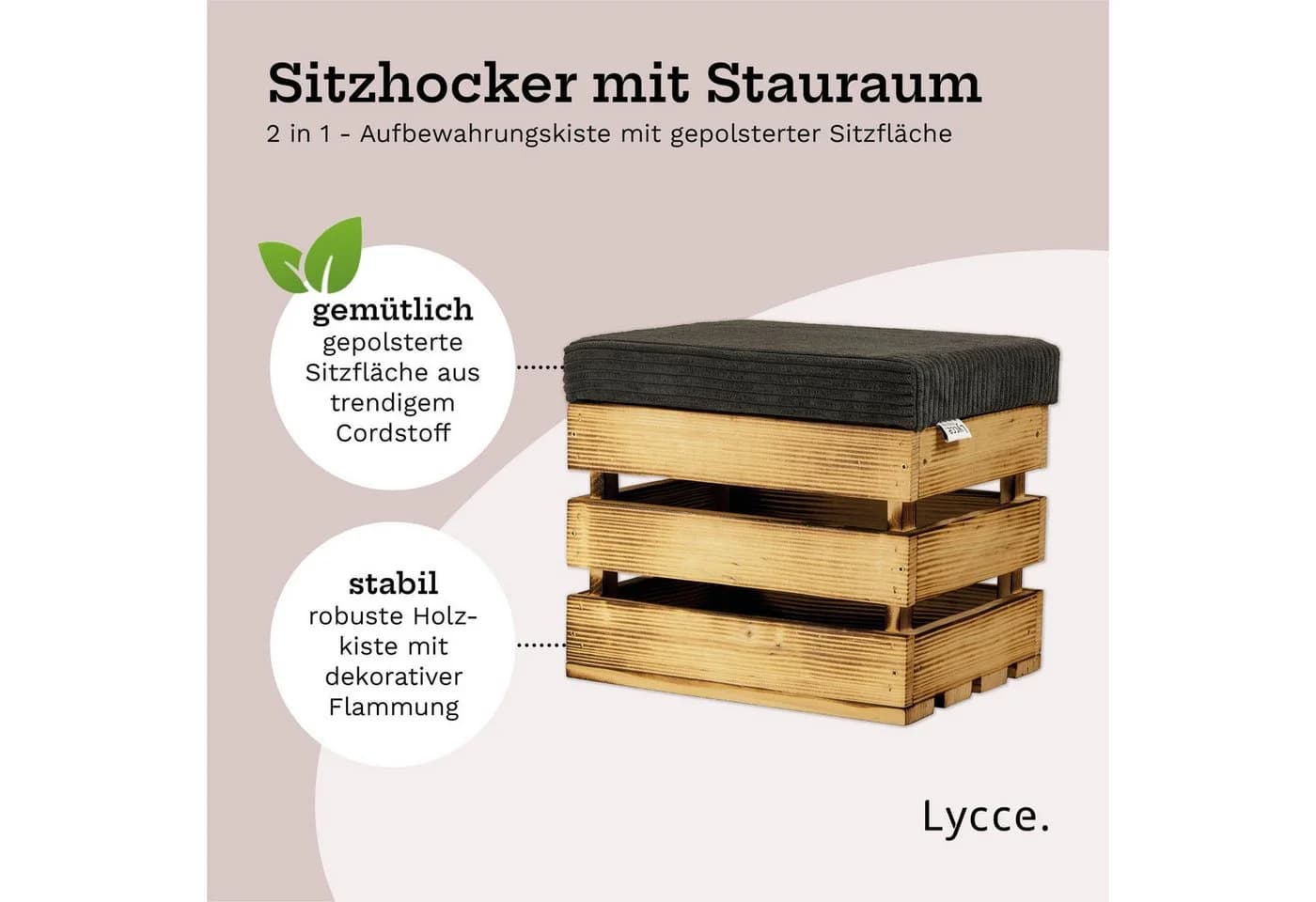 Lycce Polsterhocker mit Stauraum grau geflammt Cordstoff