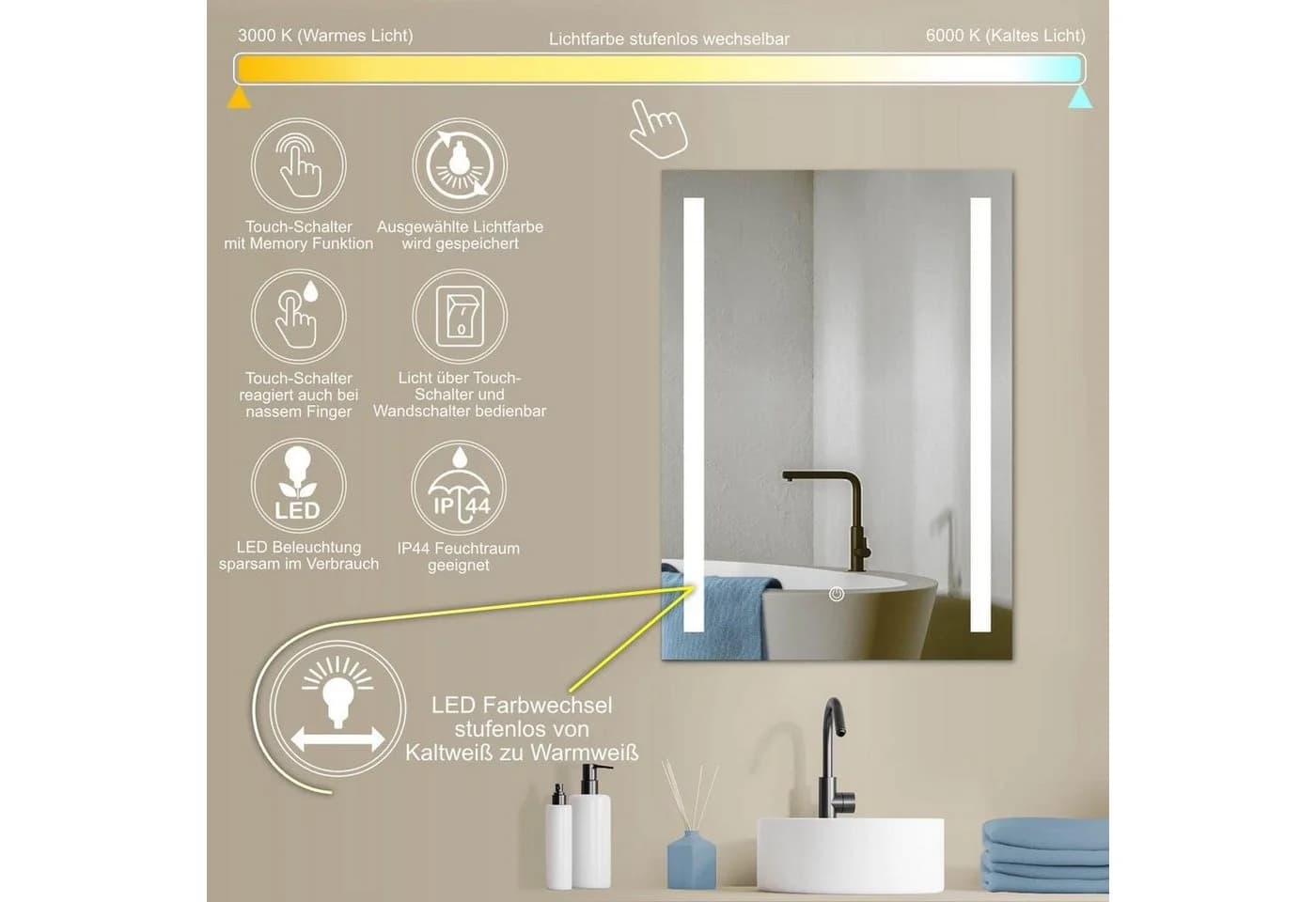 HOKO LED Badezimmerspiegel 50x70/60x80 cm mit Touch-Schalter und Beleuchtung