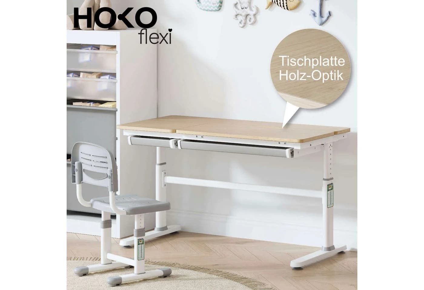 HOKO Kinderschreibtisch höhenverstellbar Weiß mit neigbarer Platte