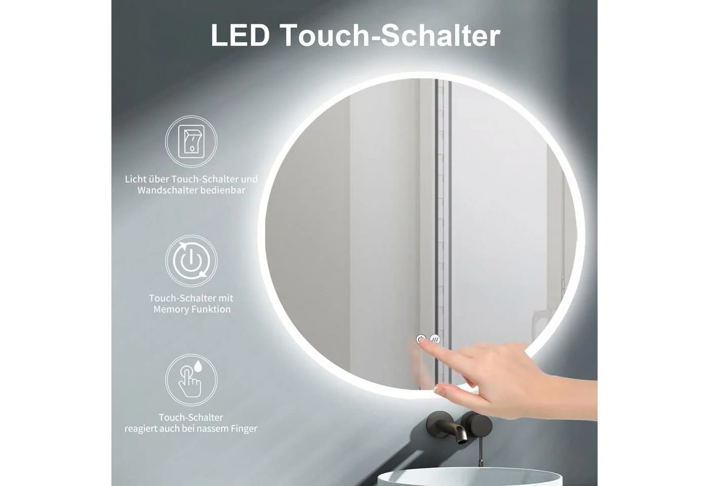 HOKO Badspiegel LED Antibeschlag Silber Touch-Schalter