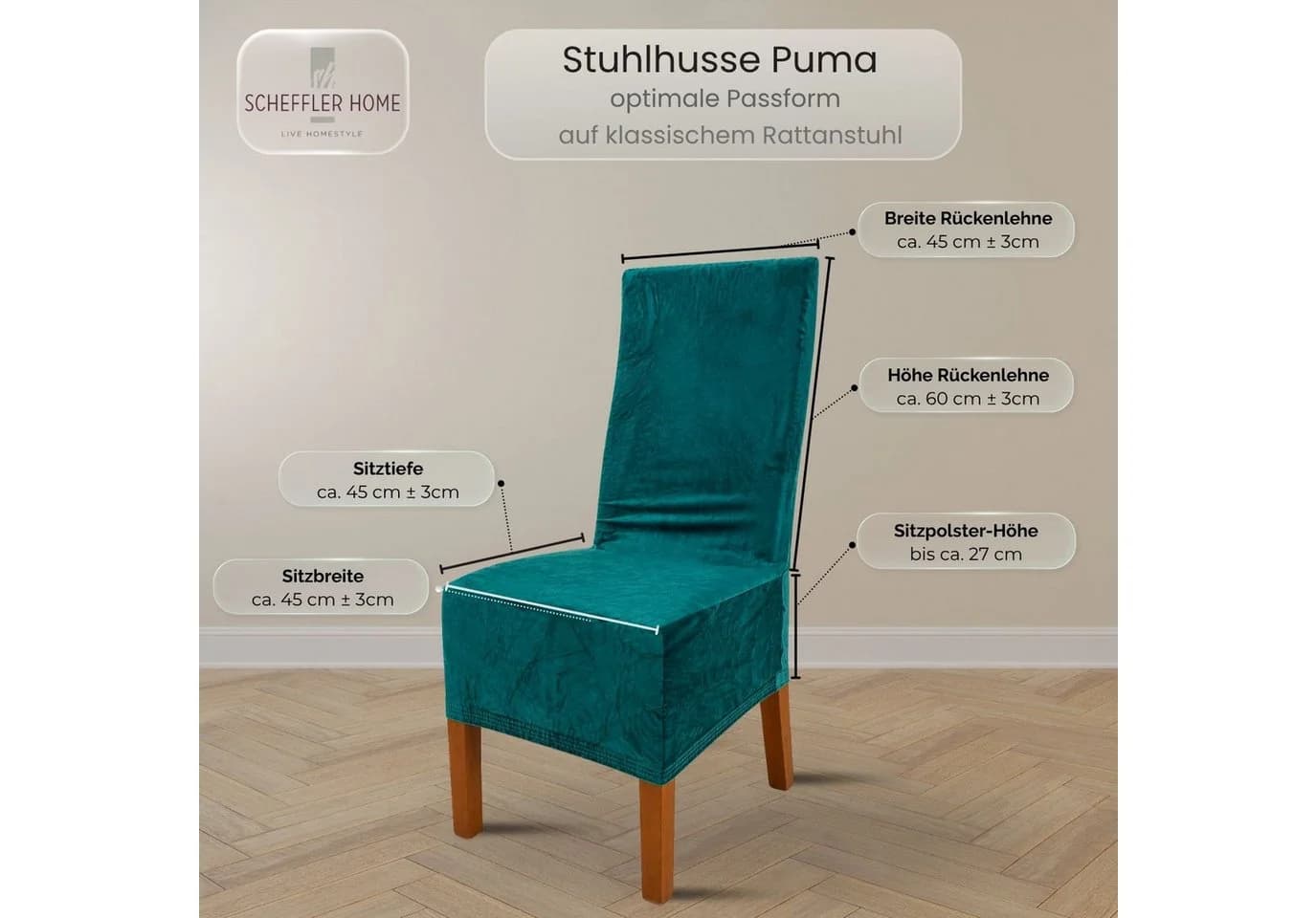 Scheffler Home Stuhlhusse Puma Lang Türkis Samt-Optik Elastisch