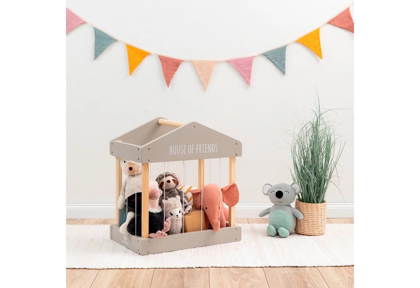 MUSTERKIND® Aufbewahrungsbox Plüschtier-Box House of Friends warmgrau/natur Holz