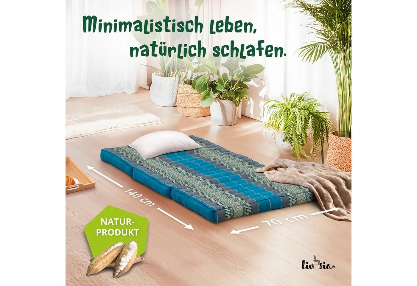 livasia Kinderklappmatratze 140x70x8cm Kapok Faltmatratze Blau