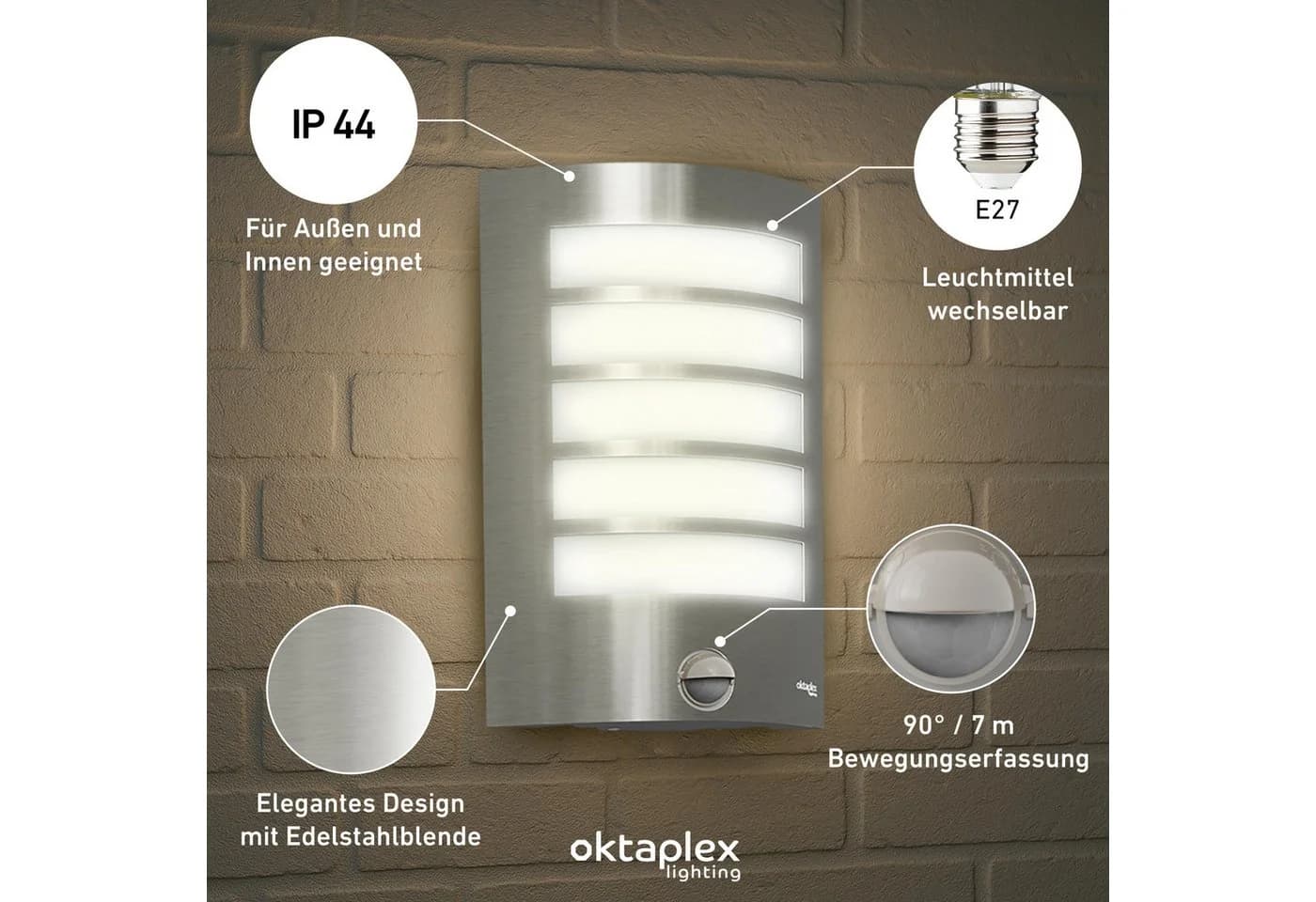 Oktaplex lighting Alto Außen-Wandleuchte E27 mit Bewegungsmelder silber