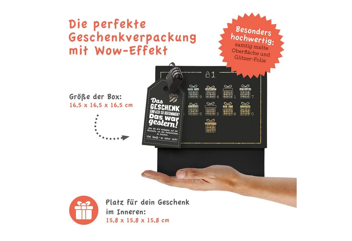 SURPRISA Rätsel-Geschenkbox Happy Birthday Glitzer mit Zahlenschloss