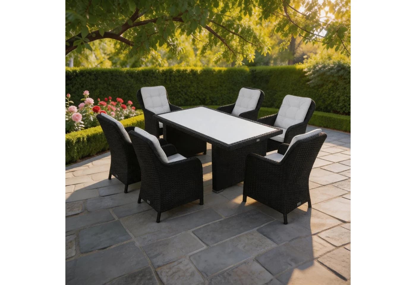 Ragnarök Möbel-Design Garten-Essgruppe 7-tlg. Schwarz Aluminium & Polyrattan