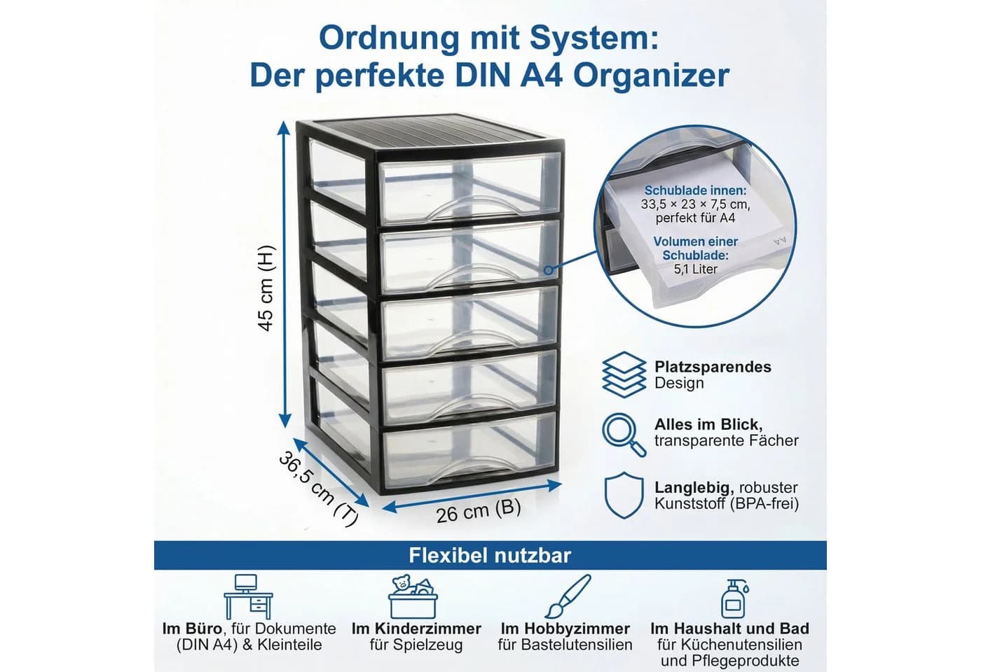 Hausfelder Schubladenbox Schubladenschrank A4 mit 5 Schubladen, Schreibtisch Ordnungssystem, leicht zu reinigen, BPA-freier Kunststoff