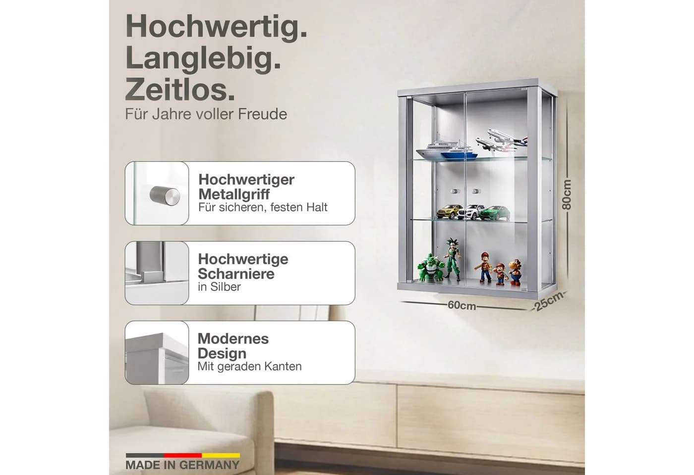K-Möbel Hängevitrine C1012 Silber Glasvitrine mit 2 Glastüren