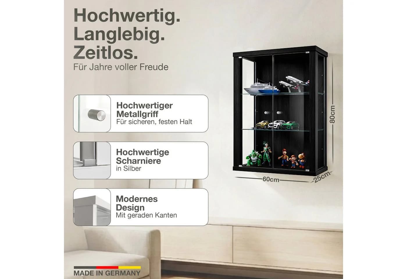 K-Möbel Hängevitrine C1012 Schwarz mit 2 Glastüren