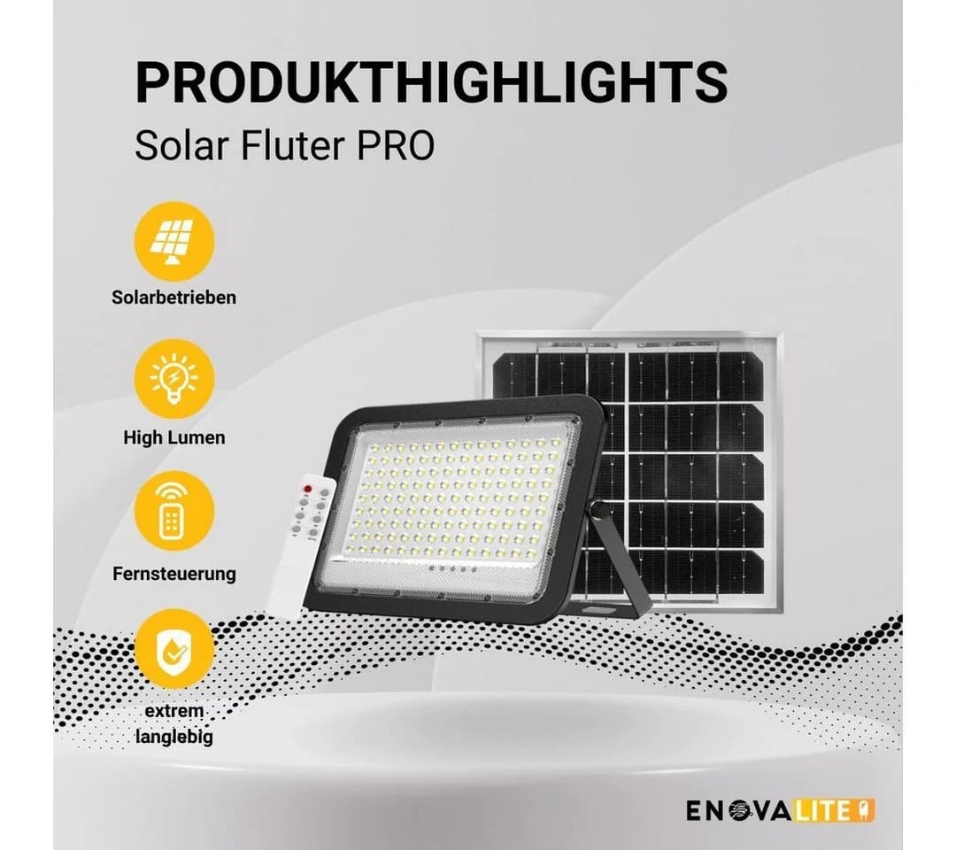 ENOVALITE LED Solarleuchte Solarstrahler PRO, 800 Lumen, kaltweiß, steuerbar