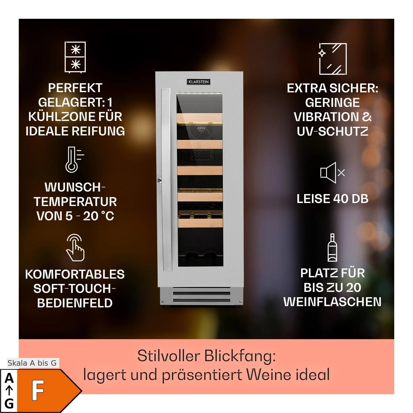 Vinovilla Weinkühlschrank 50l 20 Flaschen Glastür Edelstahl