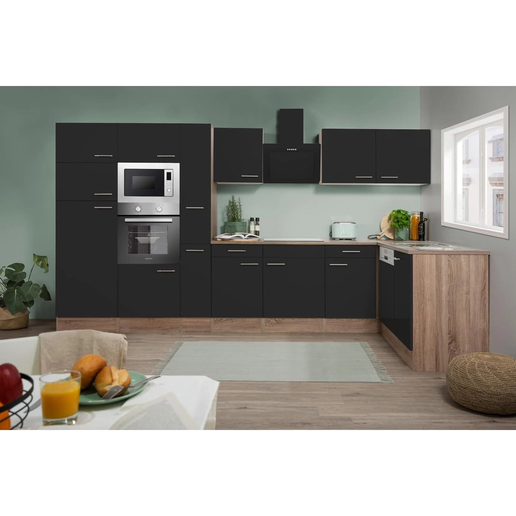 Respekta Küchenprogramm Eiche York Winkelküche 370 cm inkl. E-Geräte & Mineralite Einbauspüle, Schwarz