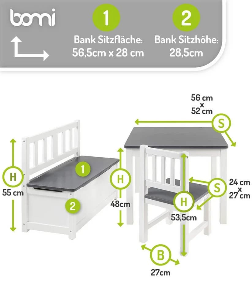 BOMI Kindersitzgruppe Anna 4-tlg. Massivholz Weiß-Grau mit Truhenbank