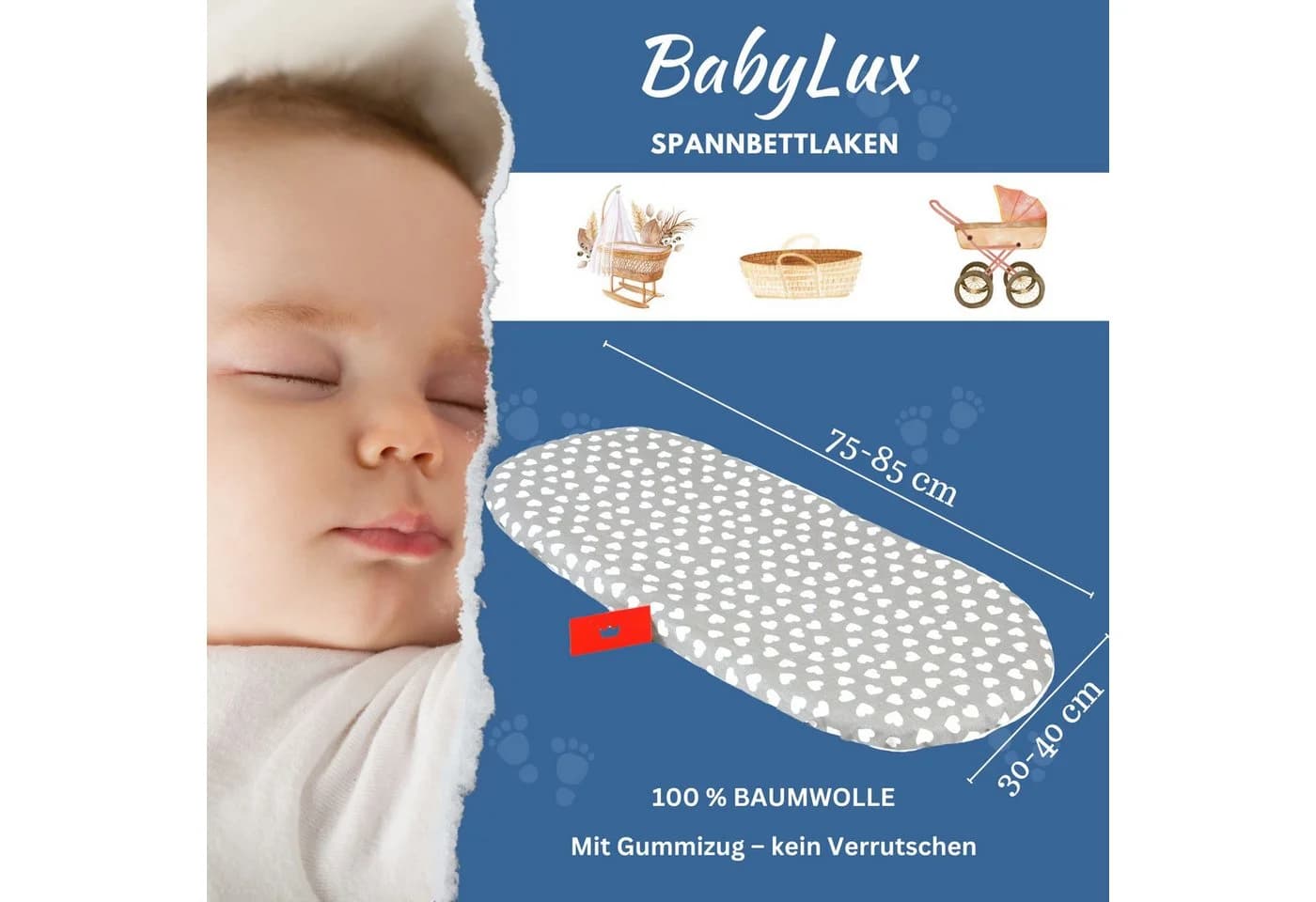 BabyLux Spannbettlaken Kinderwagen 100% Baumwolle Grau Herzen