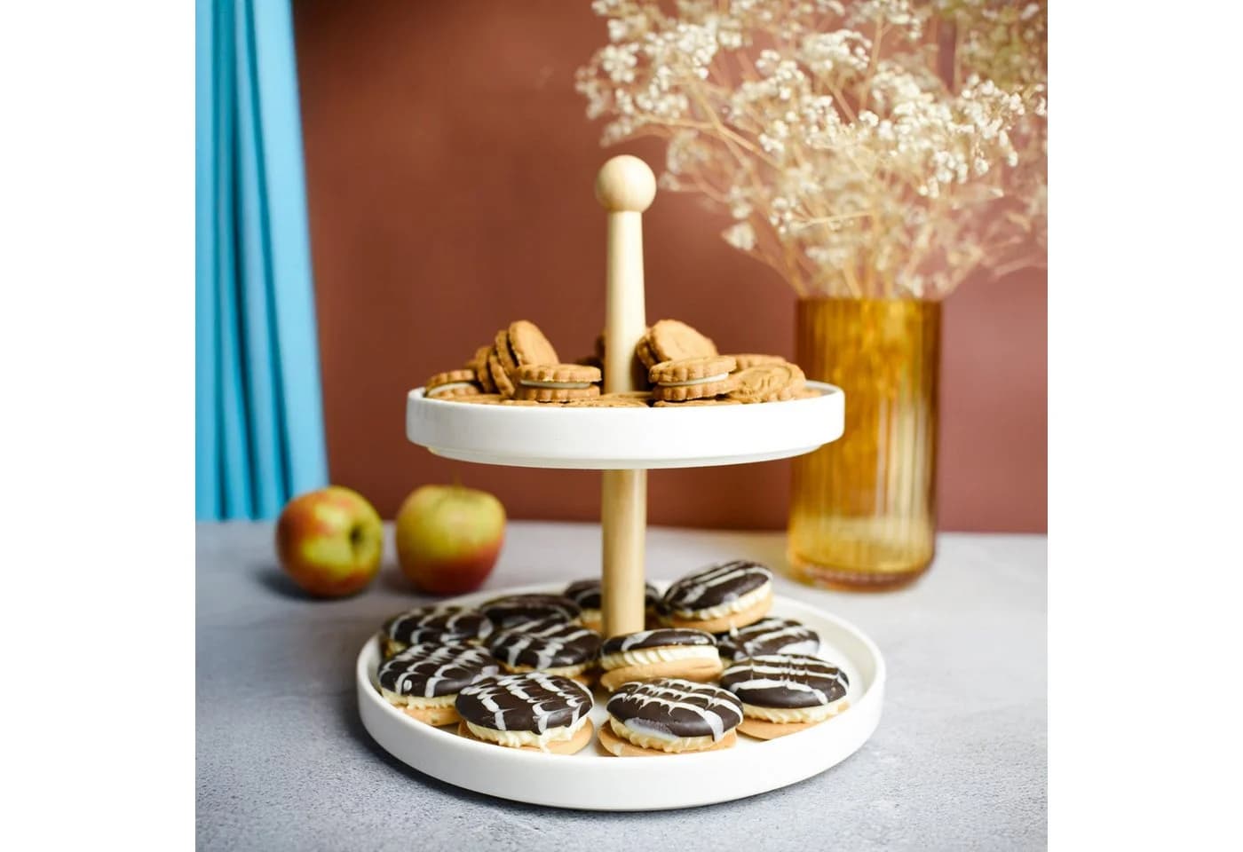 Sendez Etagere 2 Stöckig Porzellan Holzstamm Weiß