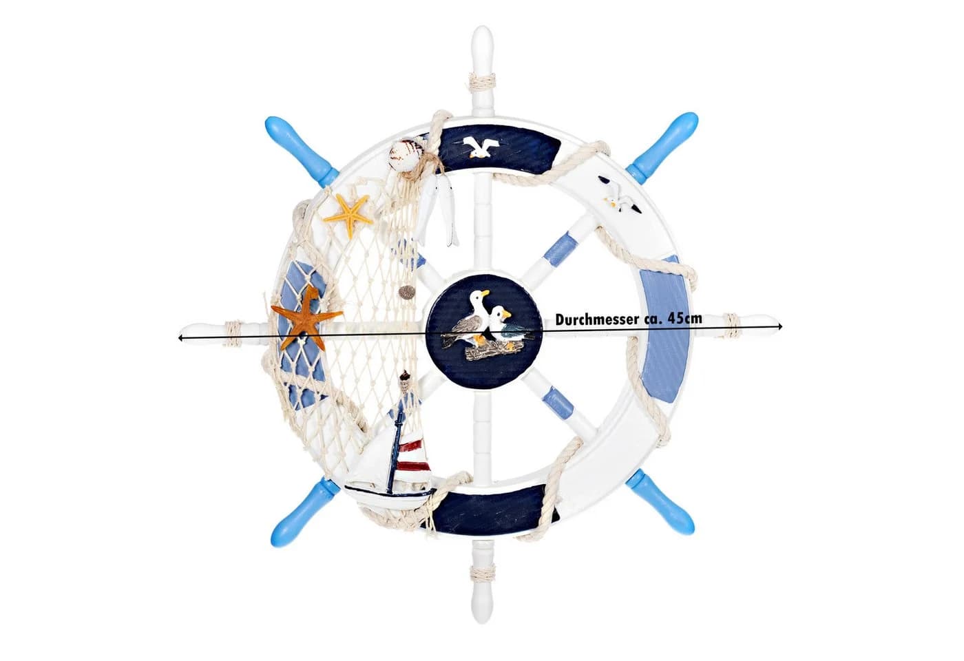 BIRENDY Dekoobjekt Steuerrad 45cm Holz Blau-Weiß Nautik Optik