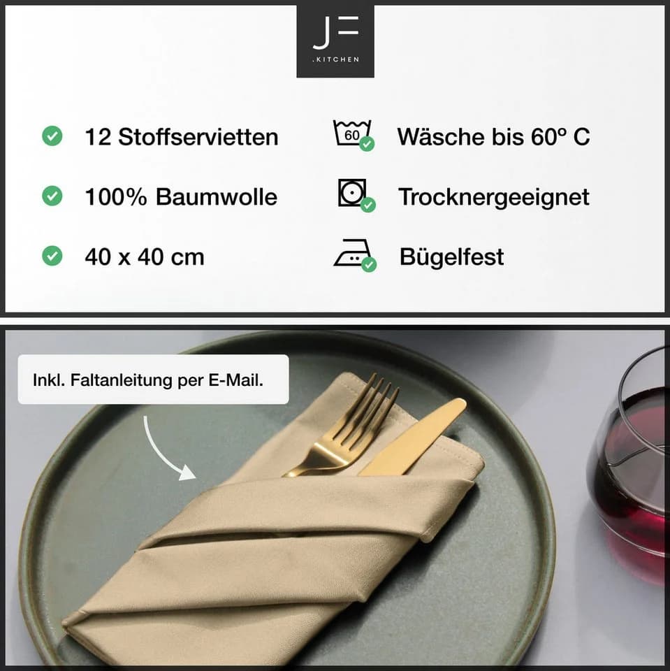 JF.kitchen Stoffserviette 12er Set Beige Baumwolle mit Faltanleitung