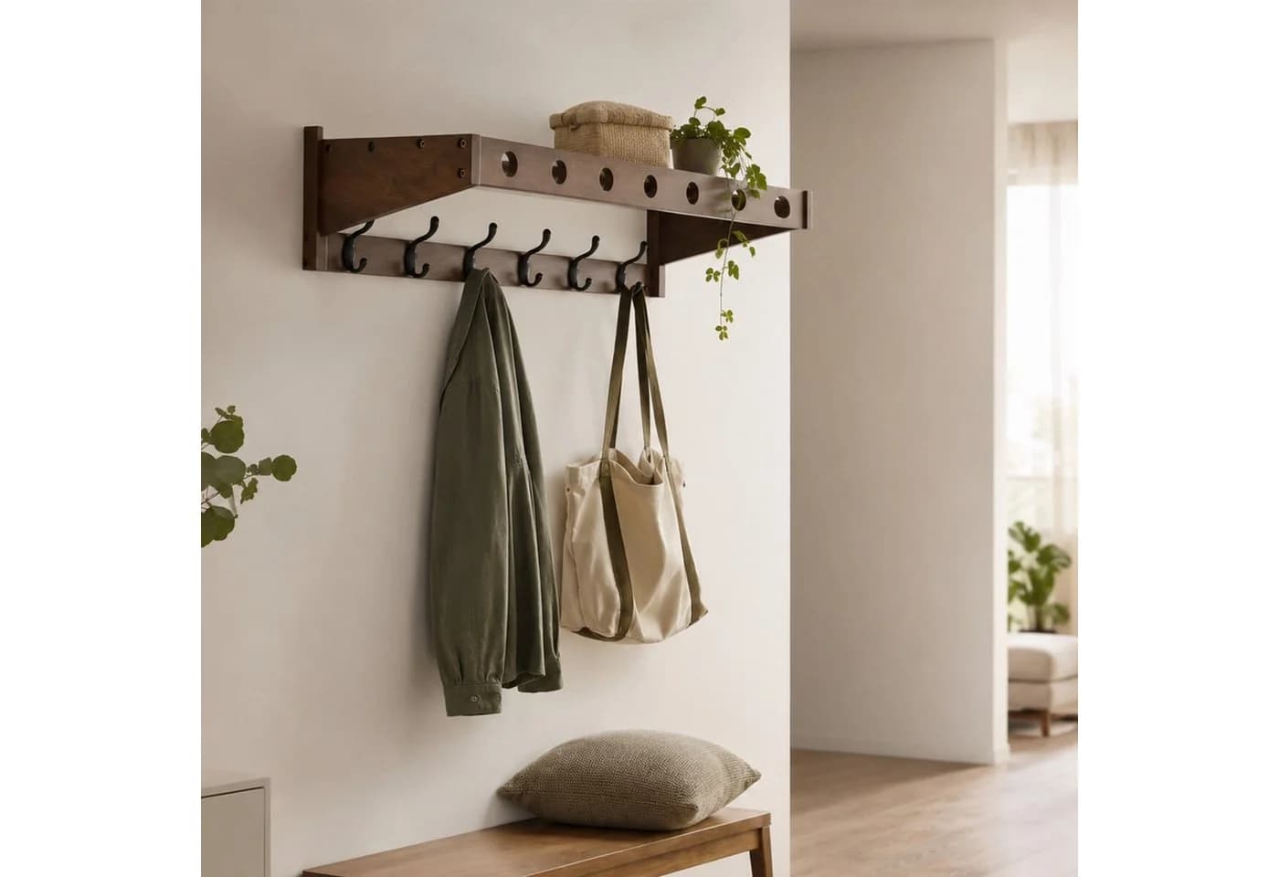 HOOZ Wandgarderobe Bambus Espresso mit 6 Metallhaken