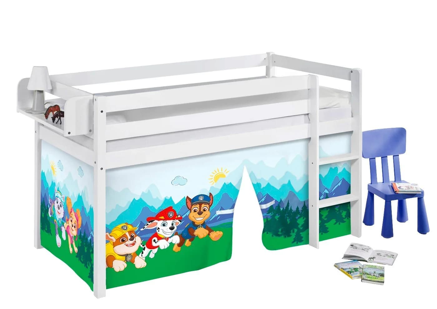 Lilokids Kinderhochbett JELLE Weiß mit Paw Patrol Vorhang