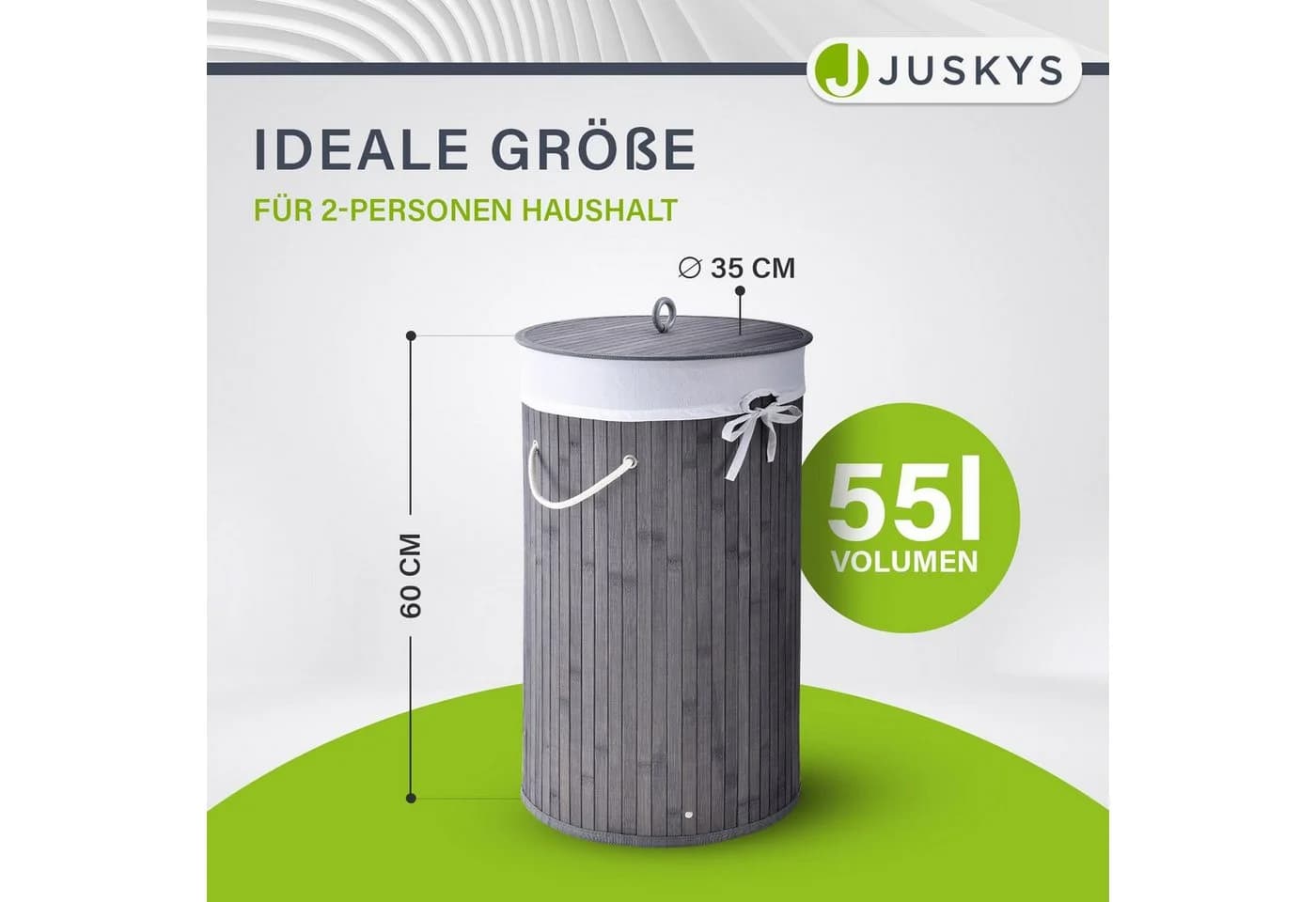 Juskys Wäschekorb Curly-Round 55L Grau mit Deckel
