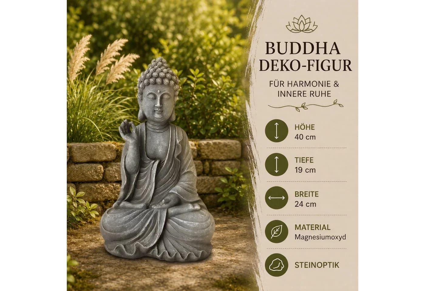 INtrenDU Buddhafigur Gartenfigur 40 cm steingrau wetterfest