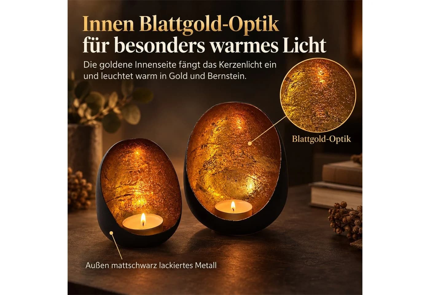 INtrenDU Teelichthalter Oval Metall Schwarz Matt Gold 2er Set