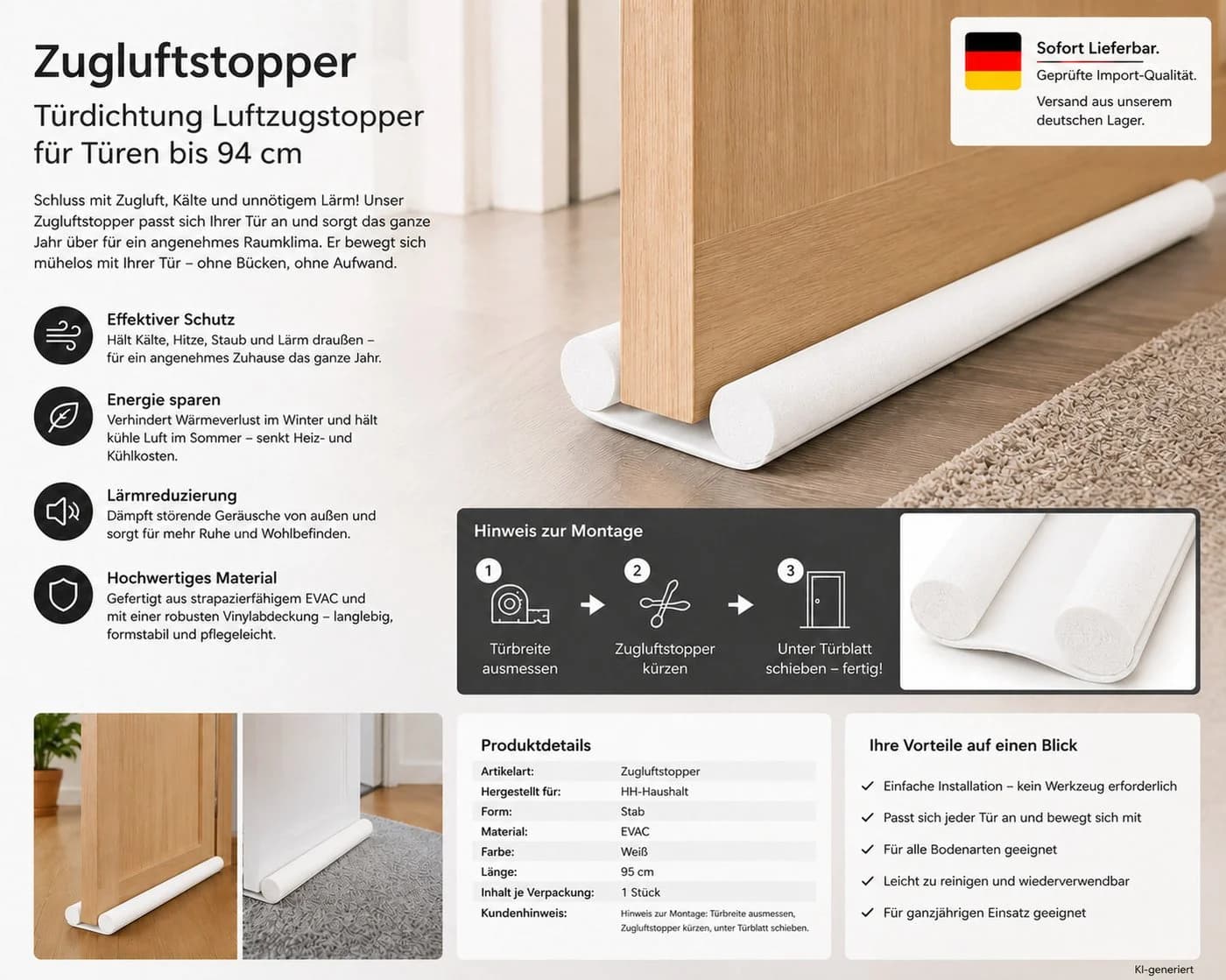 HH-Haushalt Zugluftstopper Türdichtung 95 cm Weiß