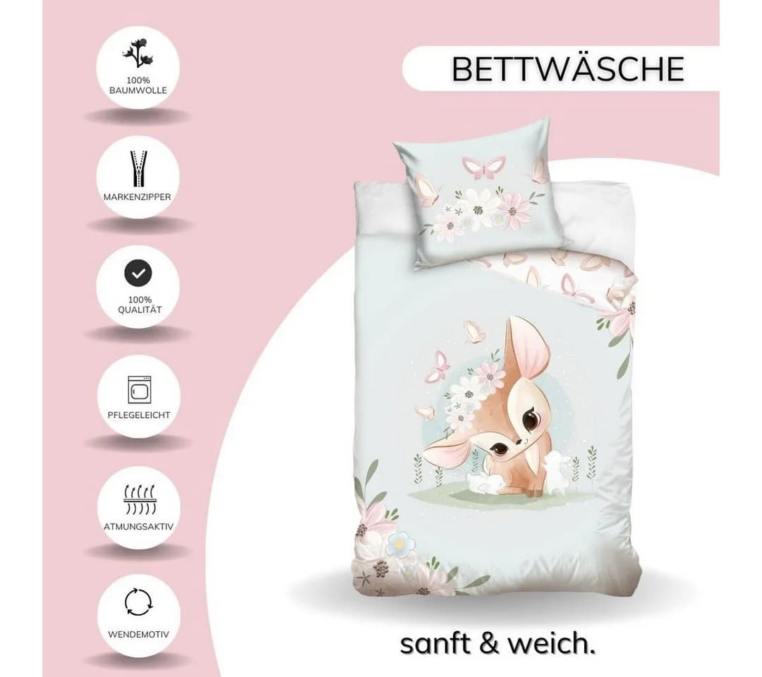 MTOnlinehandel Kinderbettwäsche Blumen Reh Hase Schmetterling Satin