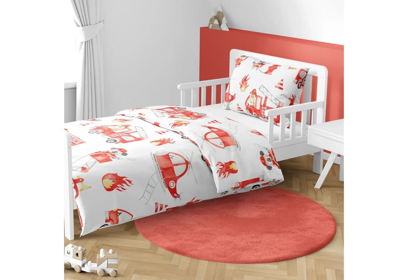 MTOnlinehandel Babybettwäsche Little Hero Feuerwehr 100x135 + 40x60 cm Weiß Rot
