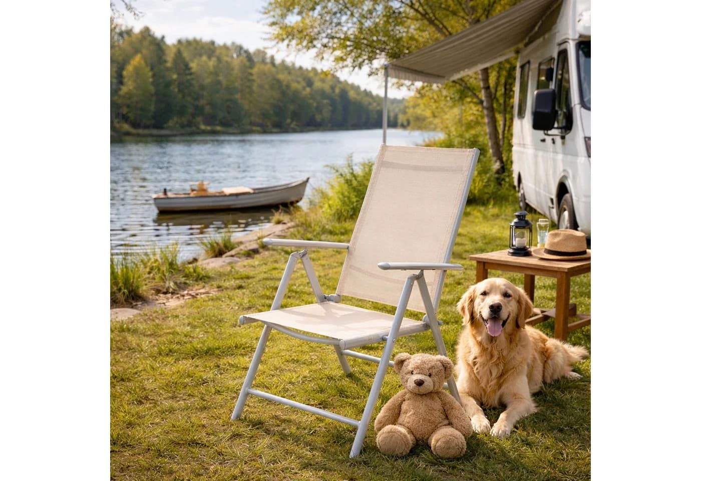 Mojawo Armlehnstuhl Garten Klappstuhl Silbergrau/Beige