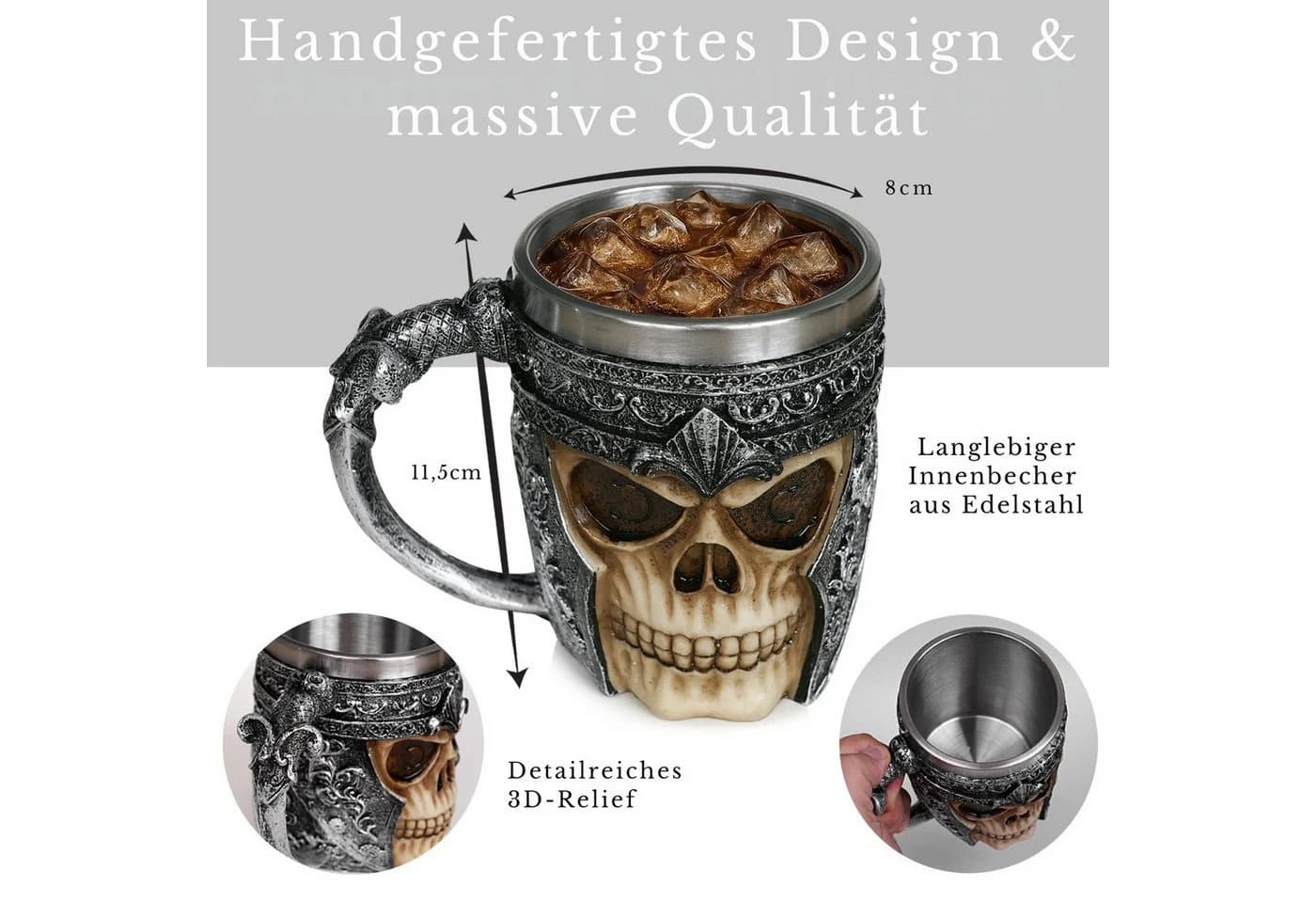 Edelstahl Bierkrug 3D Totenkopf Wikinger Schädel Becher 400 ml