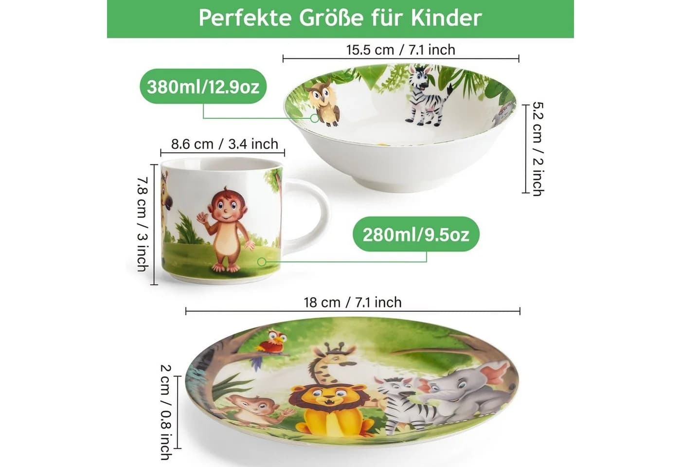 MiaMio Kindergeschirr-Set Jungle Motiv Grün 3-tlg. Keramik