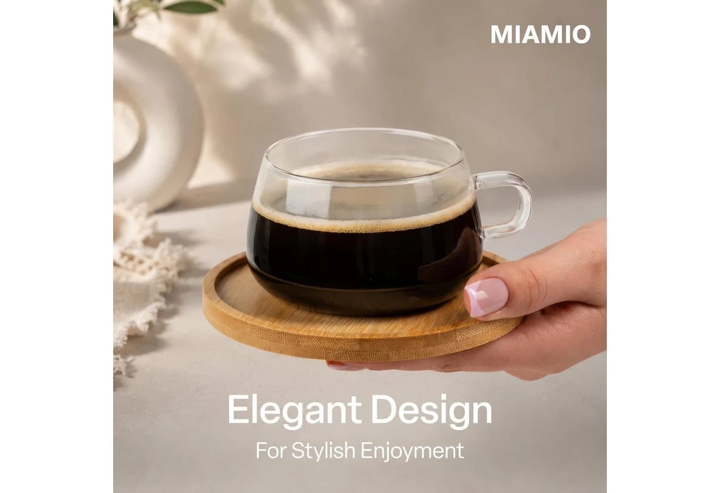 MiaMio Cappuccinotasse Olea 280ml 4-tlg. Glas mit Bambus-Untersetzer