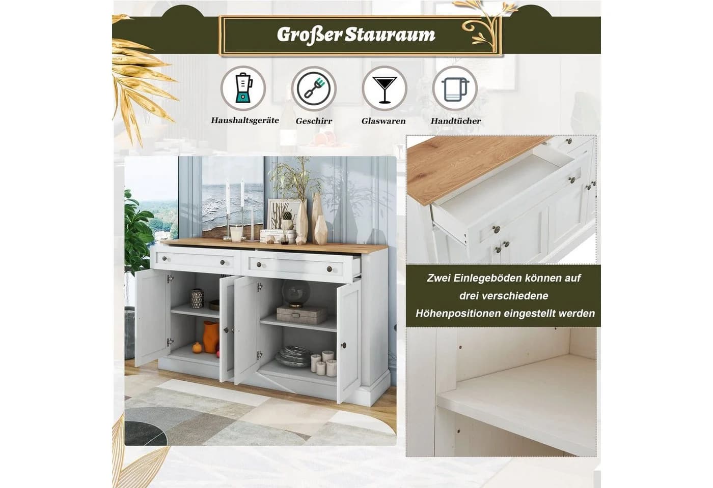 Merax Sideboard Landhausstil Wildeiche Weiß 2 Schubladen 4 Türen